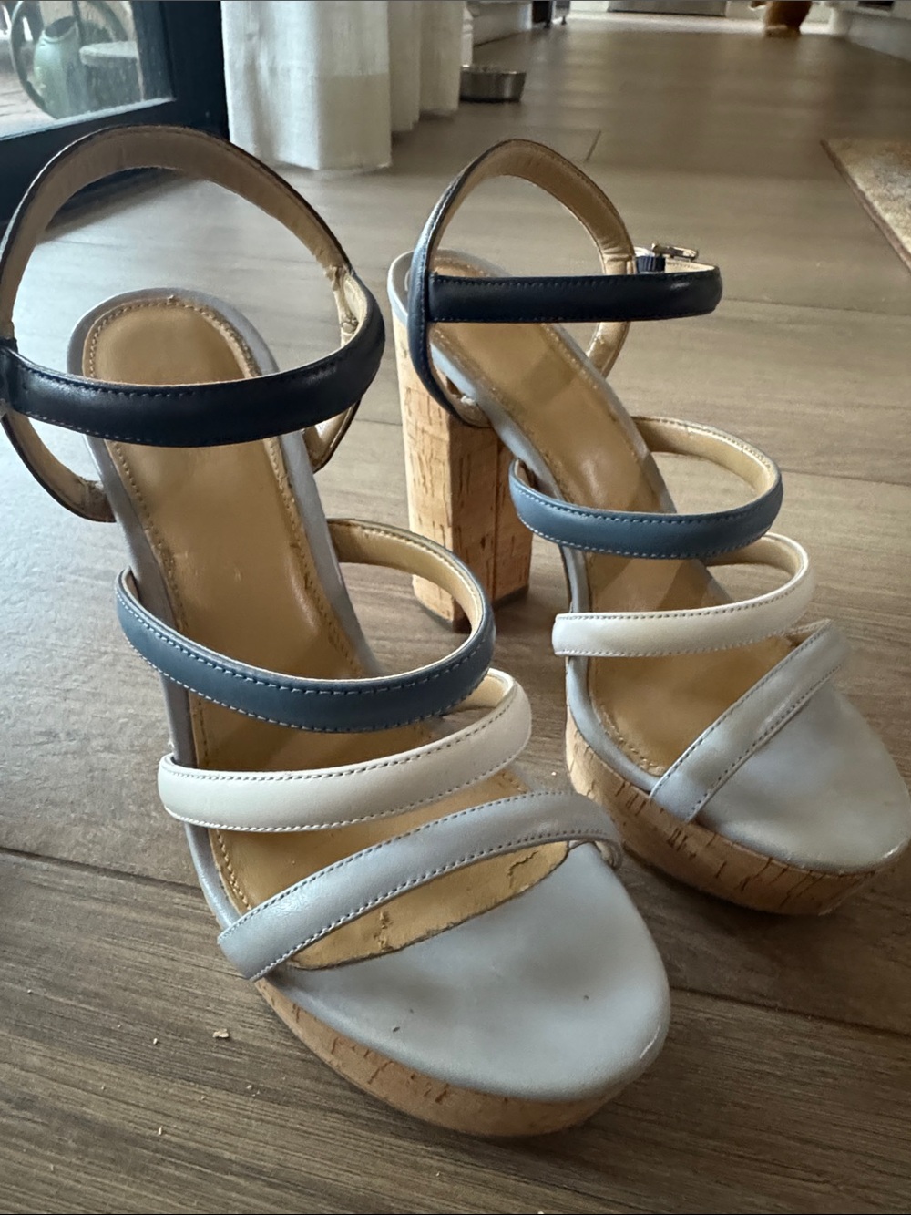 MICHAEL Kors Multi-Strip Cork Platform Sandals in Dark Blue, Lt Blue, White